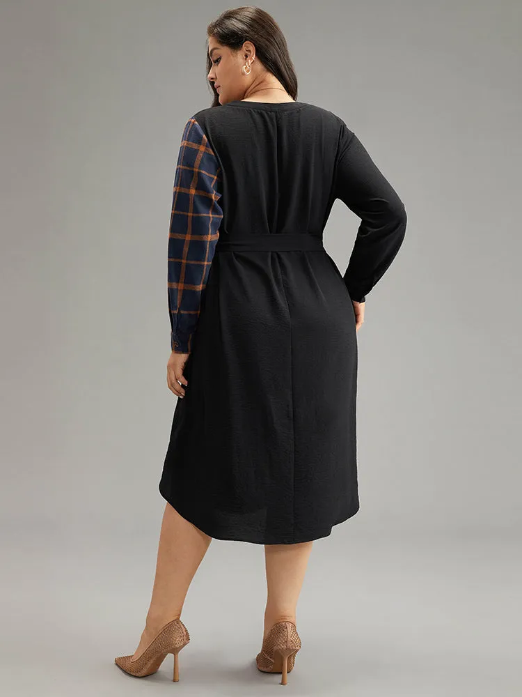 Plaid Patchwork Notched Belted Dress sold by Bloomchic product image thumbnail 3