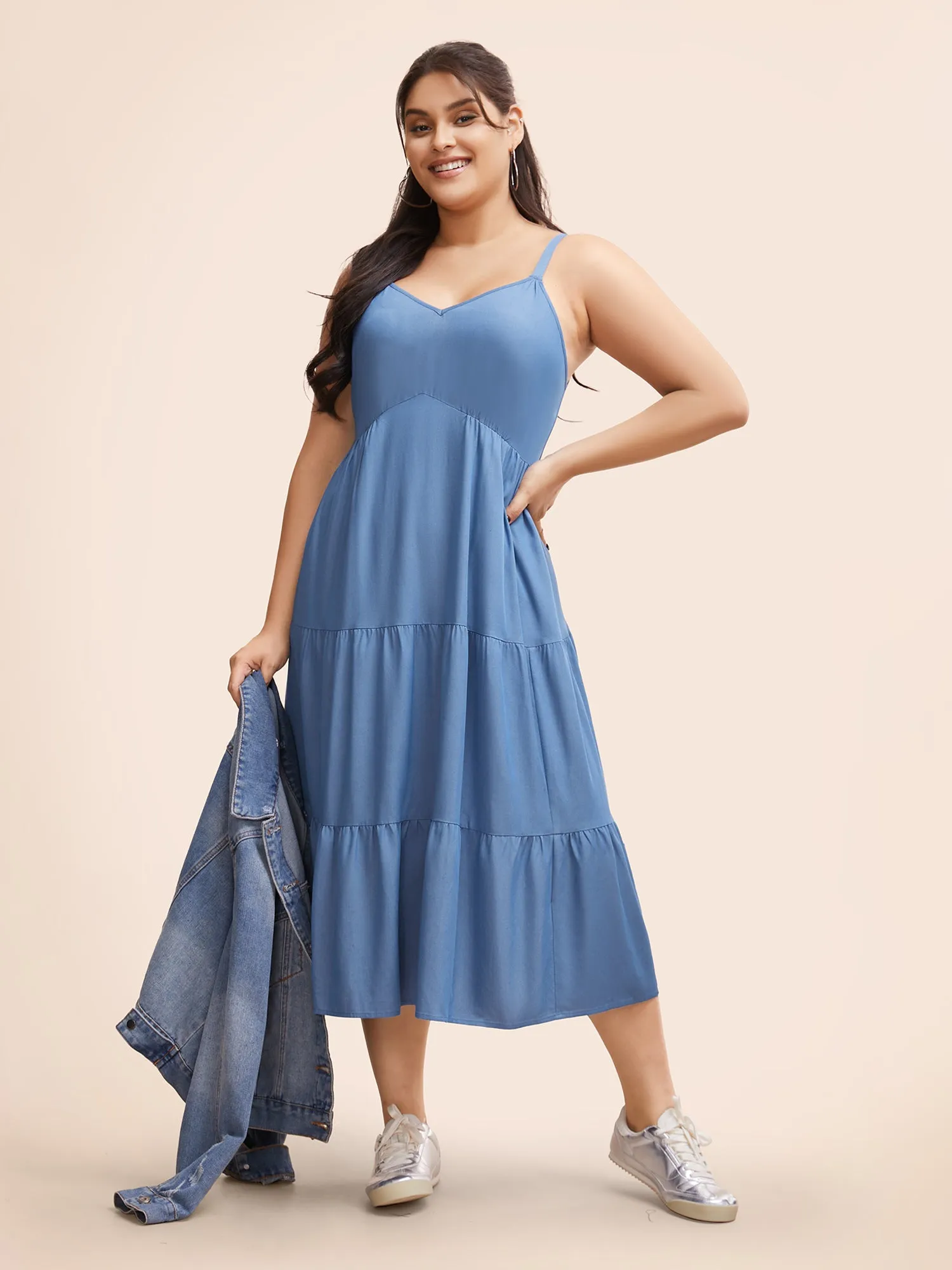 Solid Ruffle Layered Hem Cami Dress sold by Bloomchic