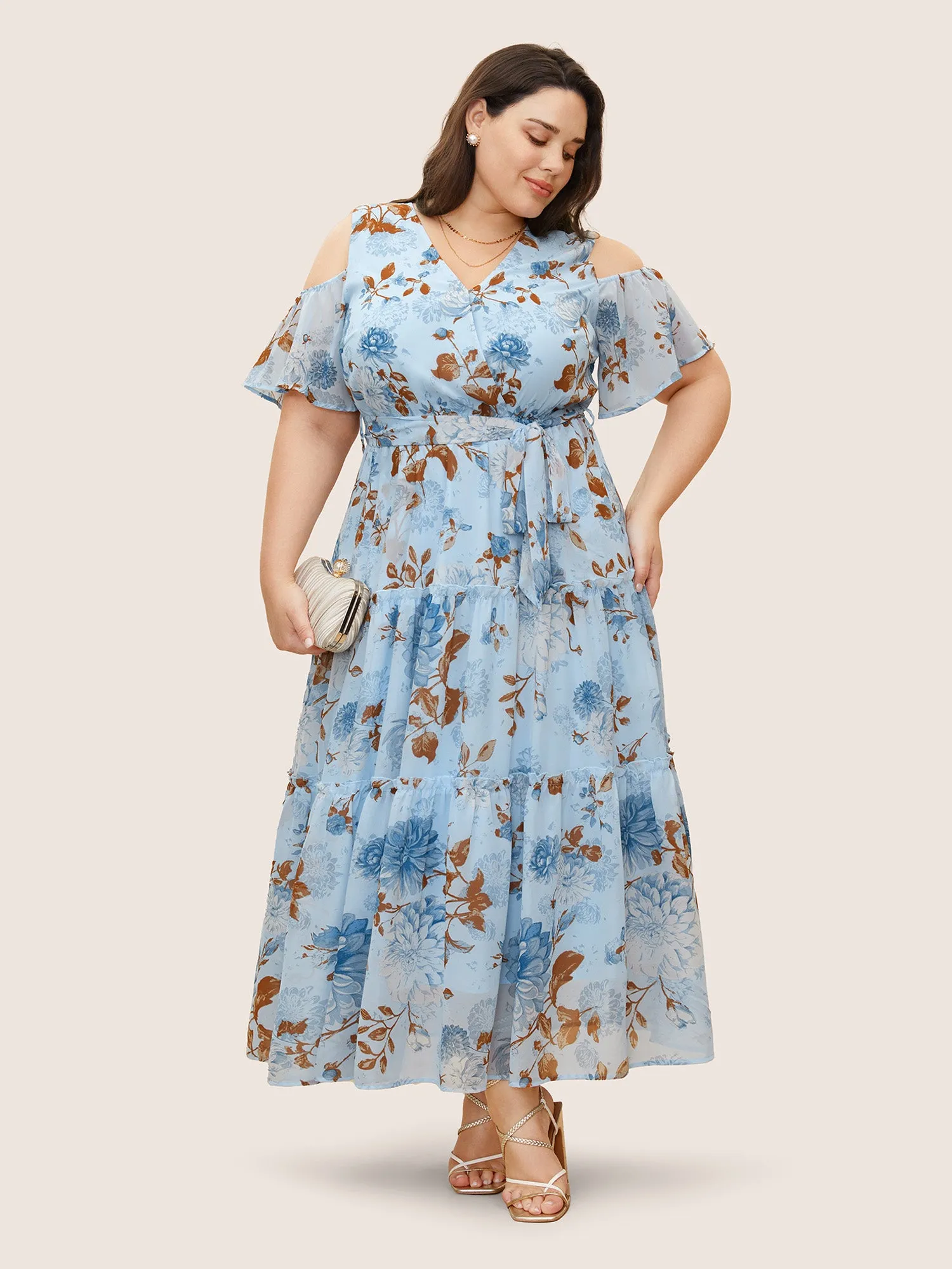 Floral Wrap Mesh Ruffle Sleeve Dress sold by Bloomchic