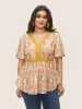 Boho Print Lace Trim Gathered Blouse sold by Bloomchic