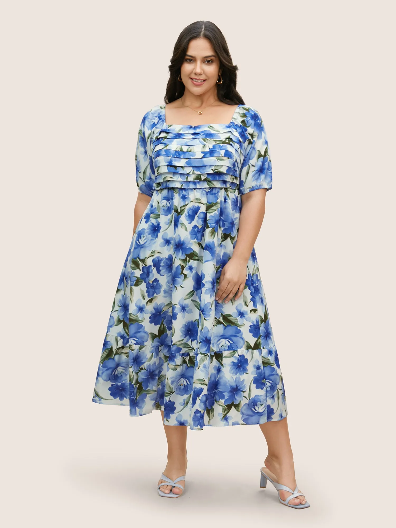 Square Neck Floral Print Pleated Dress sold by Bloomchic product image thumbnail 2