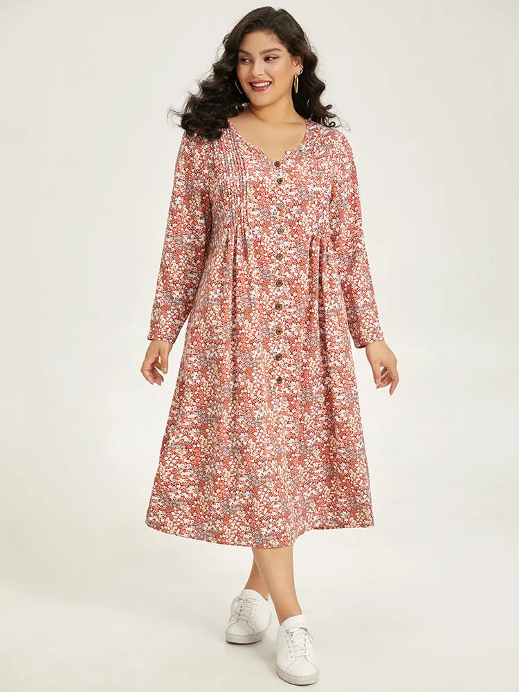 Ditsy Floral Notched Pocket Button Detail Dress sold by Bloomchic