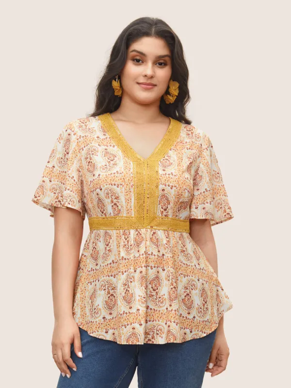 Boho Print Lace Trim Gathered Blouse sold by Bloomchic