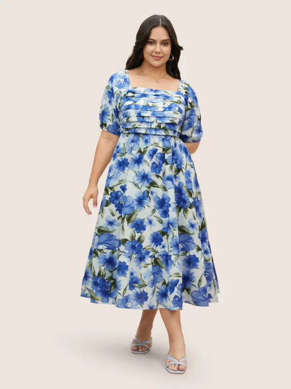 Square Neck Floral Print Pleated Dress sold by Bloomchic