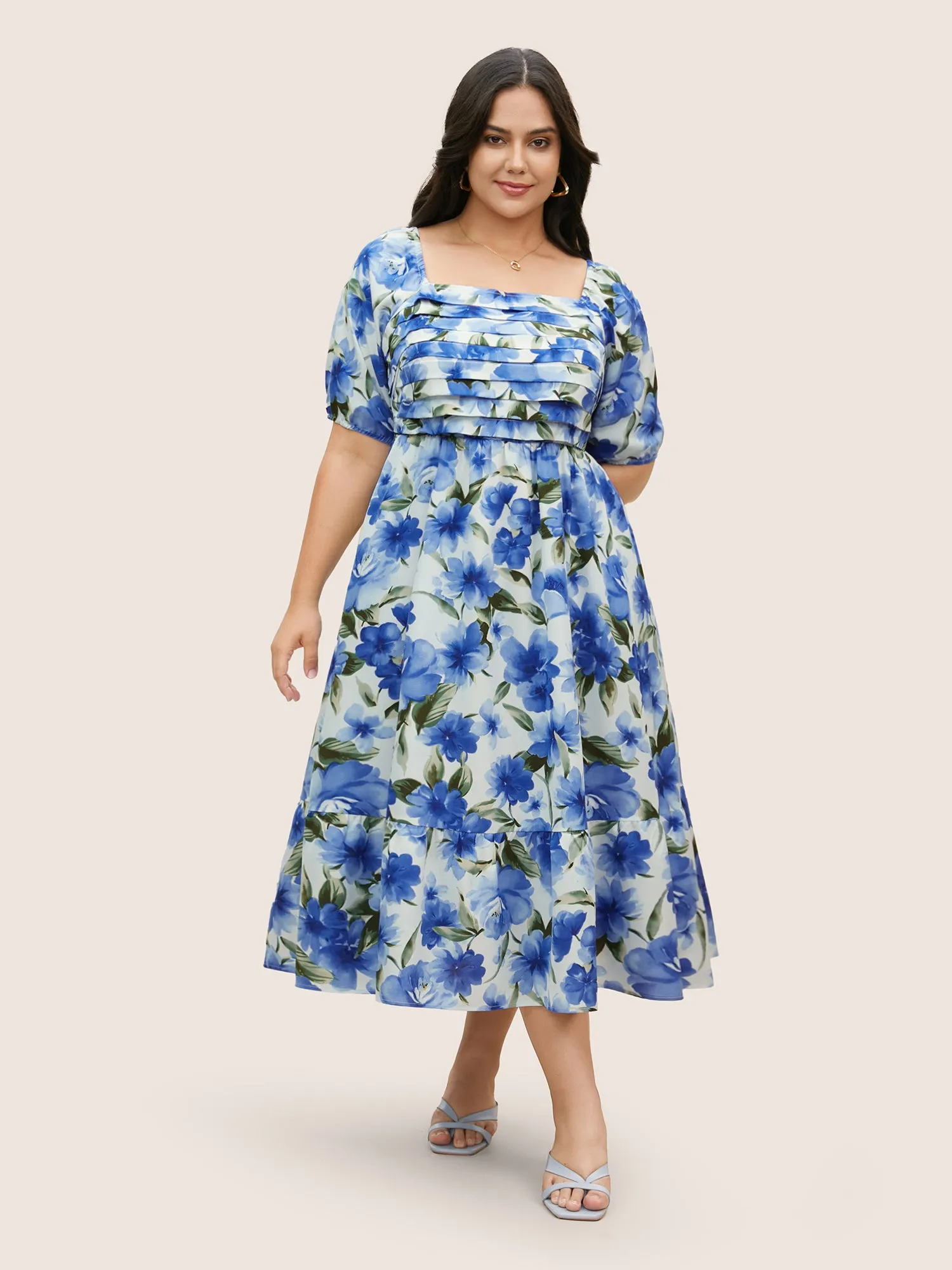 Square Neck Floral Print Pleated Dress sold by Bloomchic