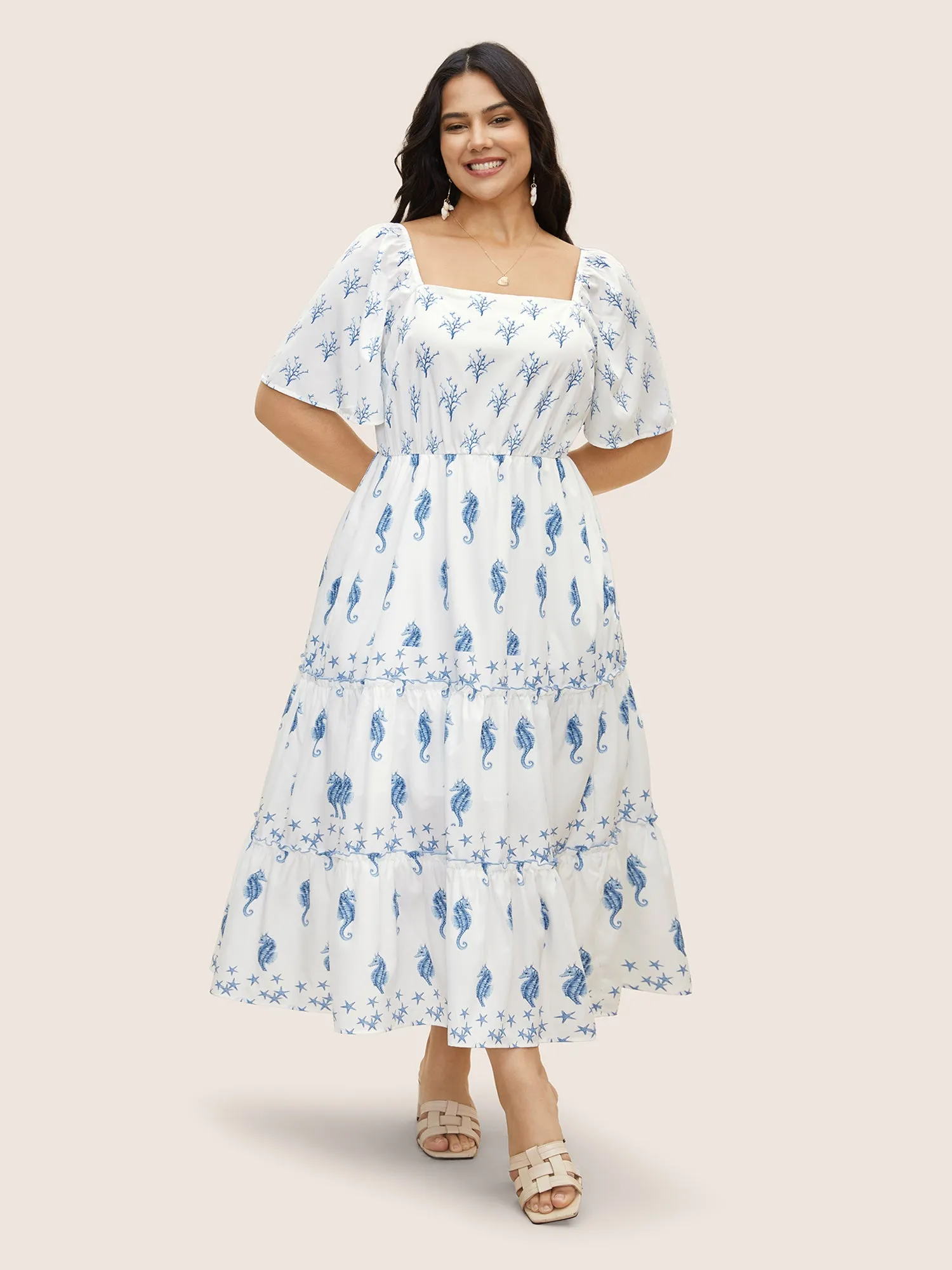 Square Neck Marine Elements Frill Trim Maxi Dress sold by Bloomchic