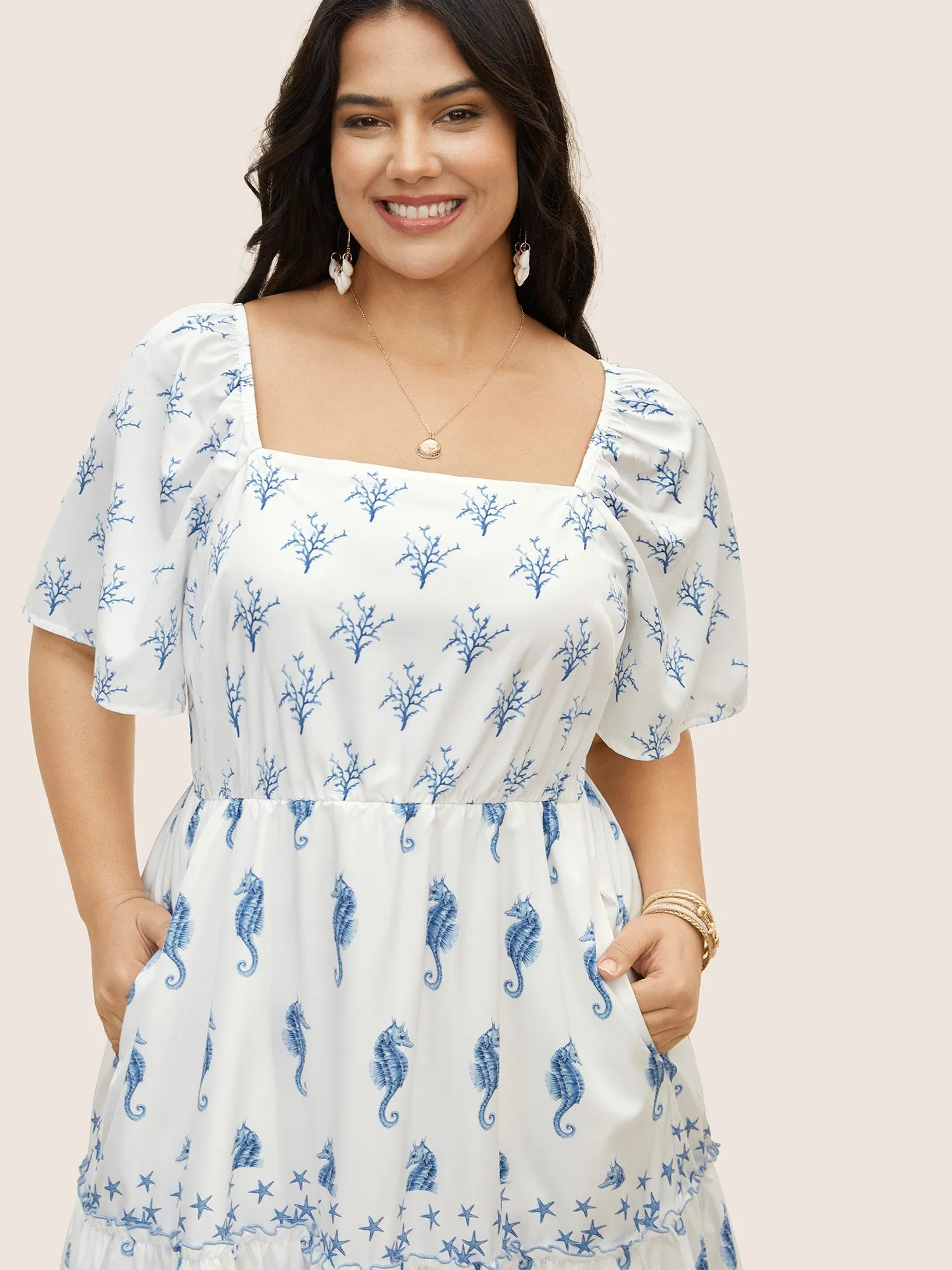 Square Neck Marine Elements Frill Trim Maxi Dress sold by Bloomchic product image thumbnail 4