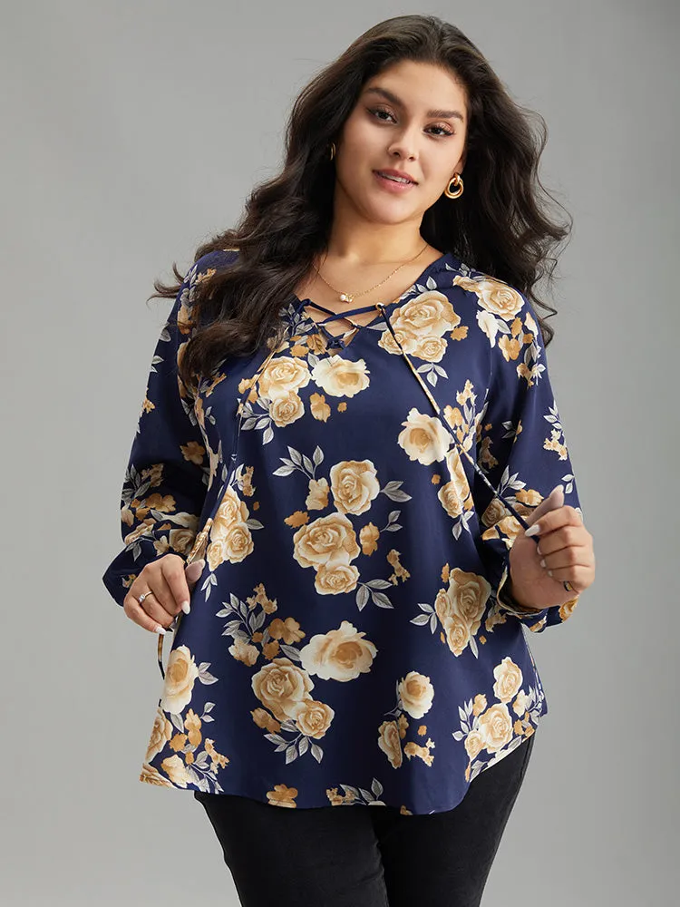 Floral Print Lace Up Button Down Blouse sold by Bloomchic product image thumbnail 2