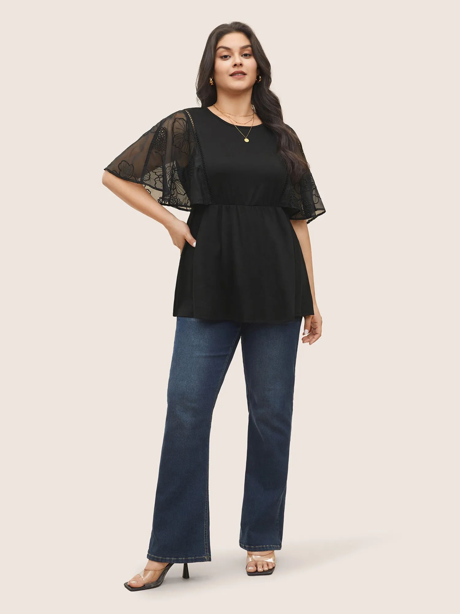 Crochet Lace Mesh Cut Out Ruffle Sleeve Knit Top sold by Bloomchic product image thumbnail 3