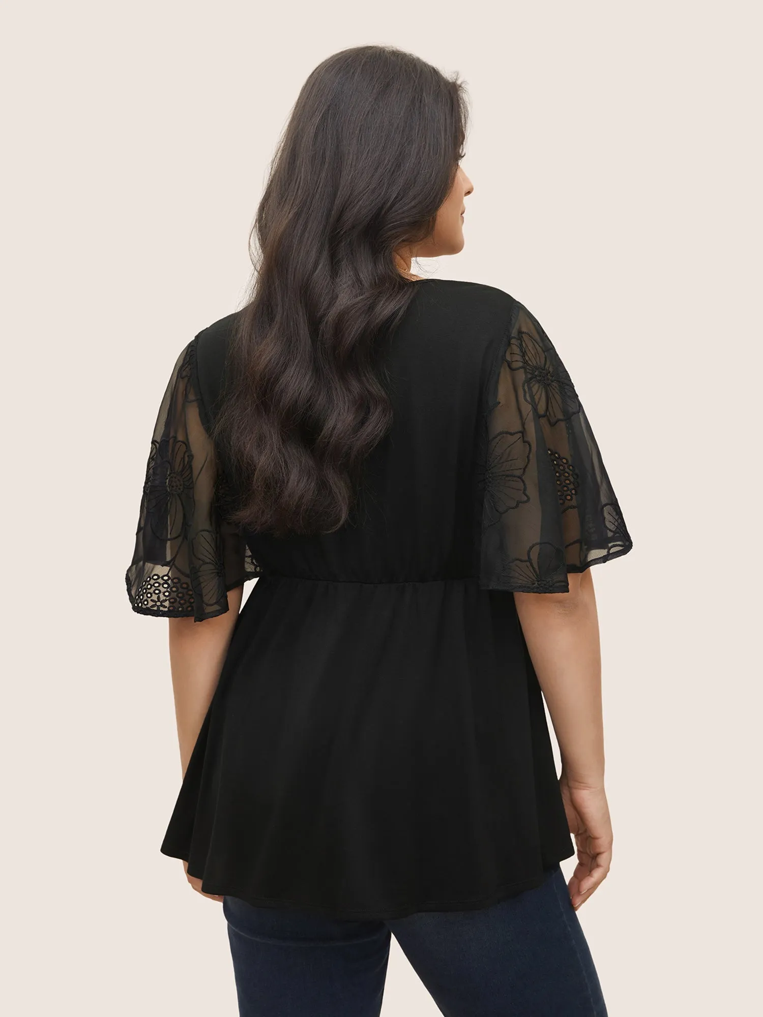 Crochet Lace Mesh Cut Out Ruffle Sleeve Knit Top sold by Bloomchic product image thumbnail 2