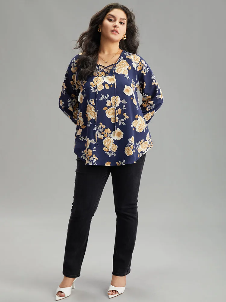 Floral Print Lace Up Button Down Blouse sold by Bloomchic product image thumbnail 3