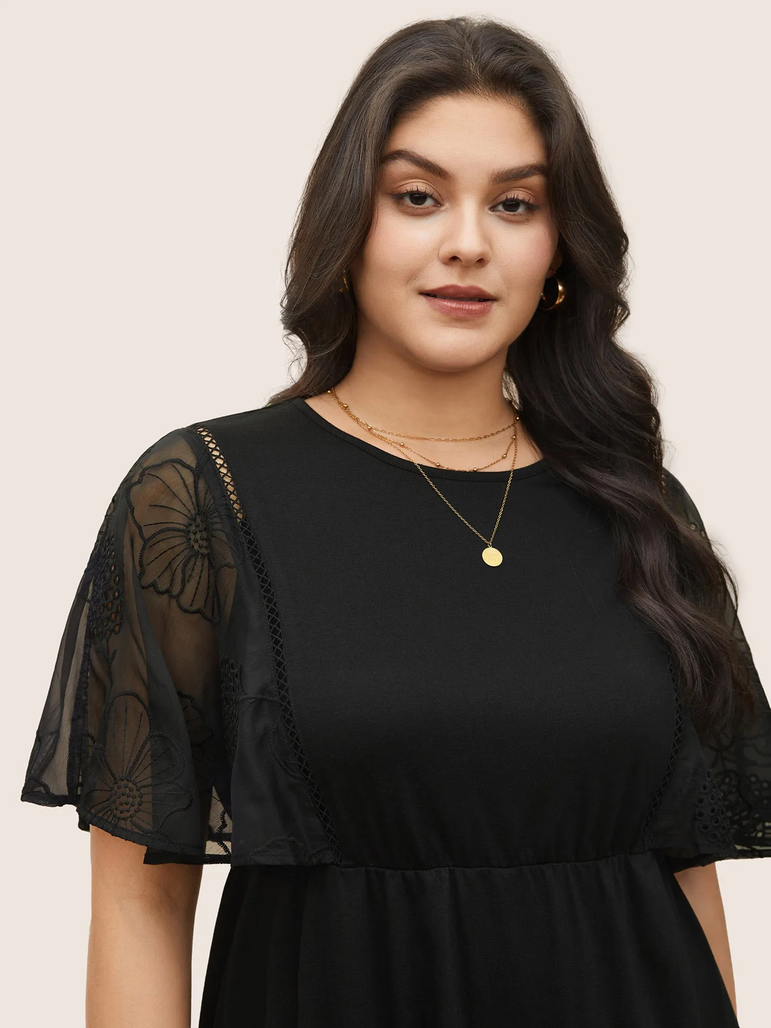 Crochet Lace Mesh Cut Out Ruffle Sleeve Knit Top sold by Bloomchic product image thumbnail 4