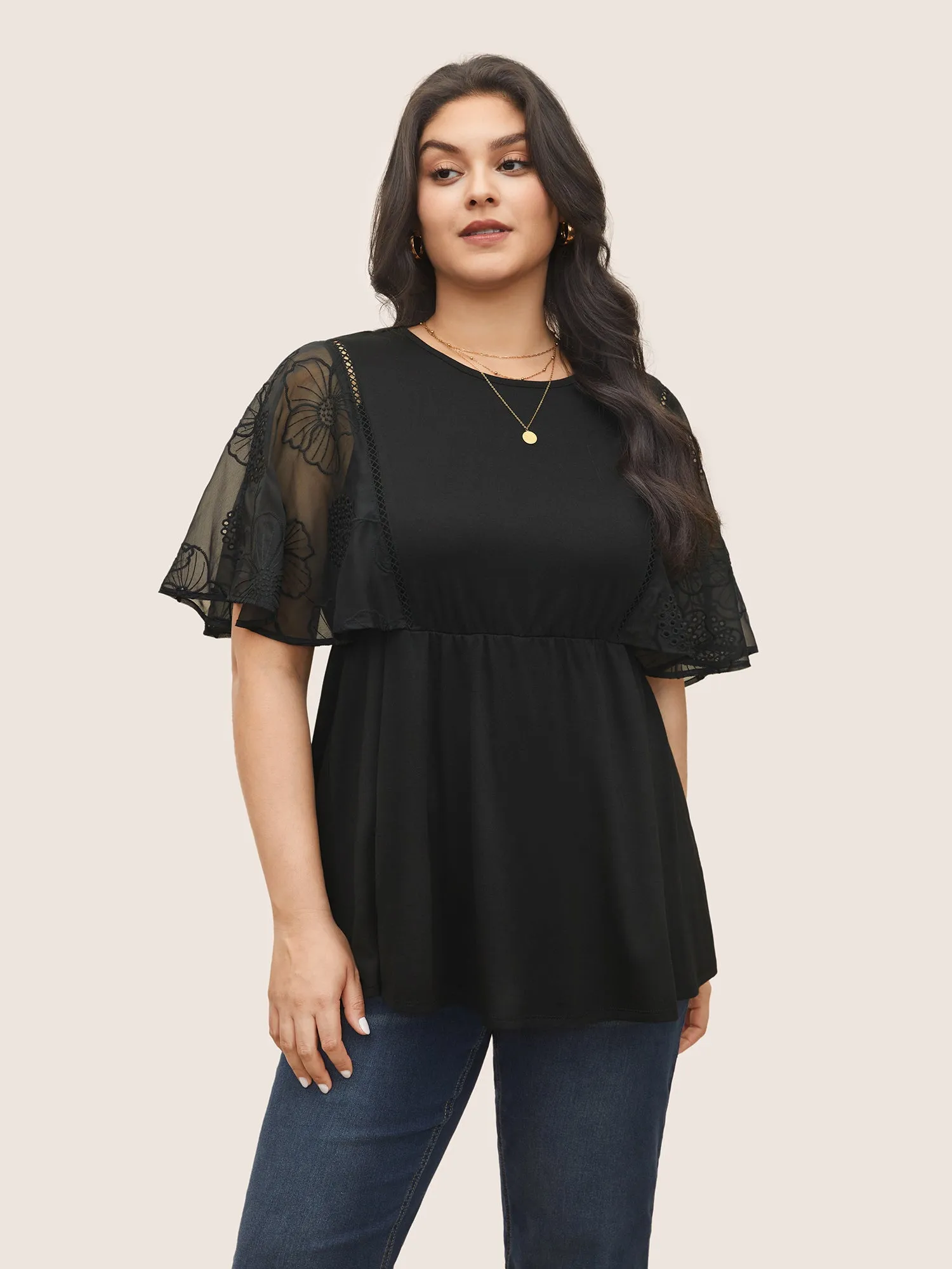 Crochet Lace Mesh Cut Out Ruffle Sleeve Knit Top sold by Bloomchic