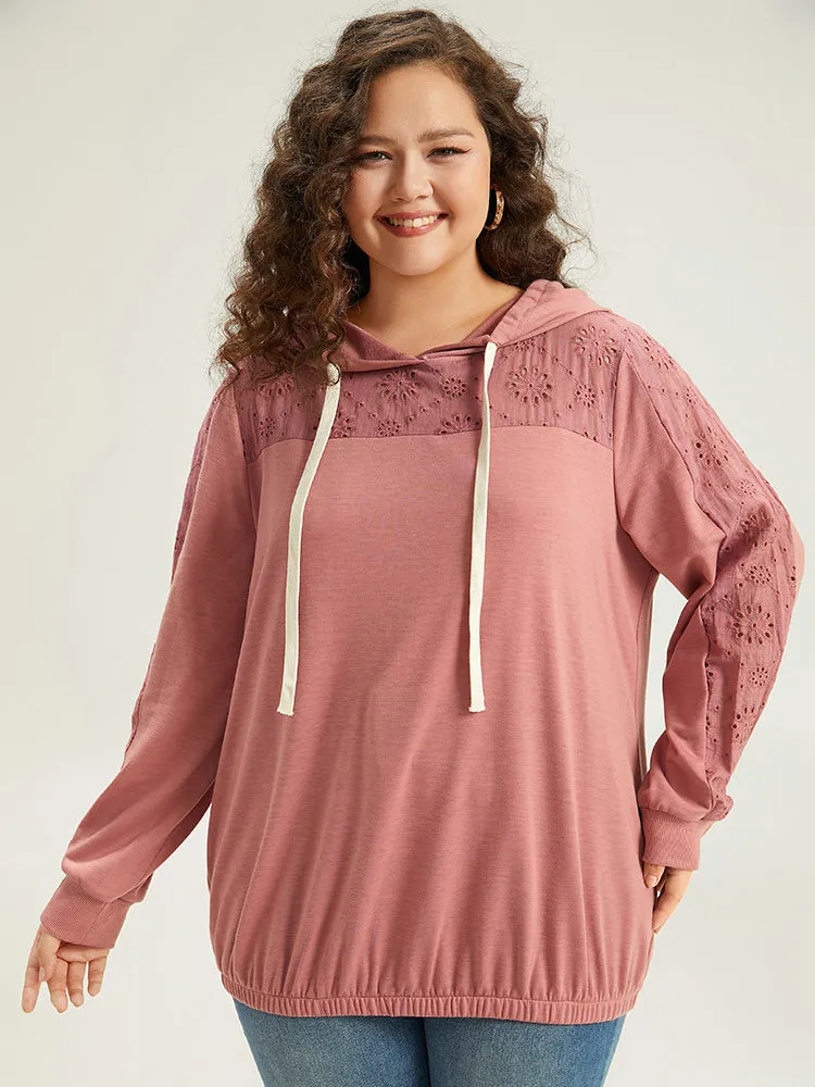 Solid Hooded Drawstring Broderie Anglaise Sweatshirt sold by Bloomchic