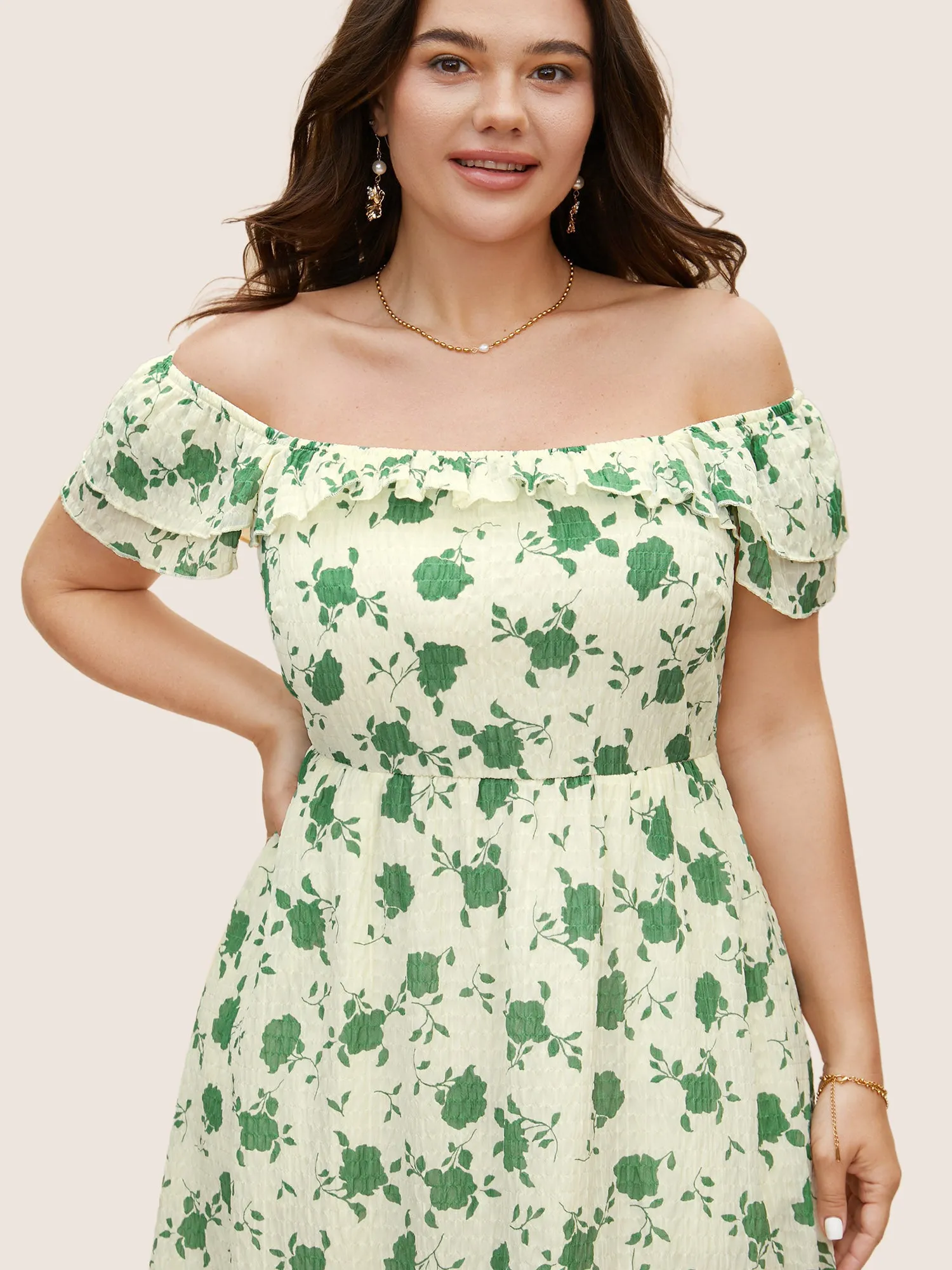 Square Neck Floral Texture Ruffle Trim Dress sold by Bloomchic product image thumbnail 2