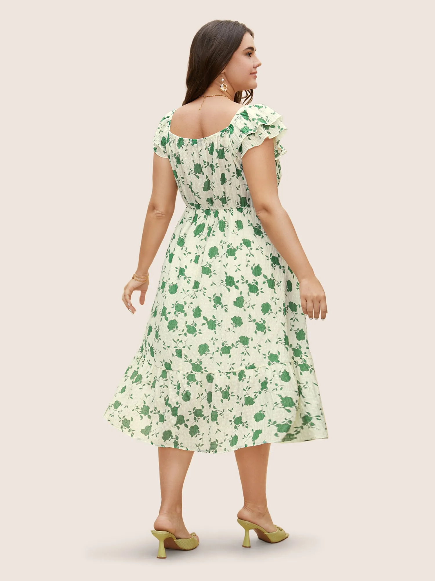 Square Neck Floral Texture Ruffle Trim Dress sold by Bloomchic product image thumbnail 4