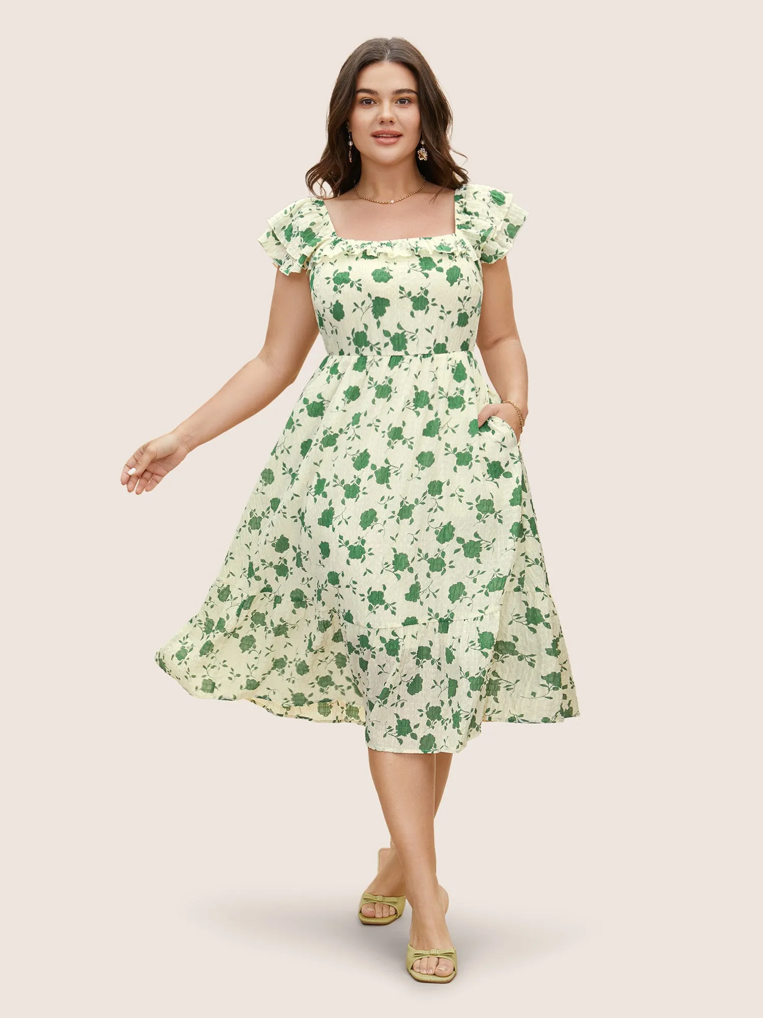 Square Neck Floral Texture Ruffle Trim Dress sold by Bloomchic product image thumbnail 3