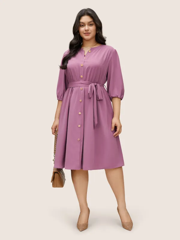 Notched Button Through Elastic Waist Belted Dress sold by Bloomchic