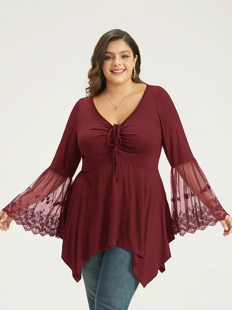 Halloween Crochet Lace Mesh Bell Sleeve Hanky Hem T-shirt sold by Bloomchic