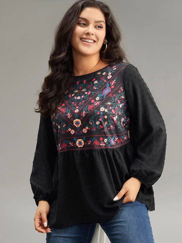 Boho Print Patchwork Lantern Sleeve Gathered Blouse sold by Bloomchic