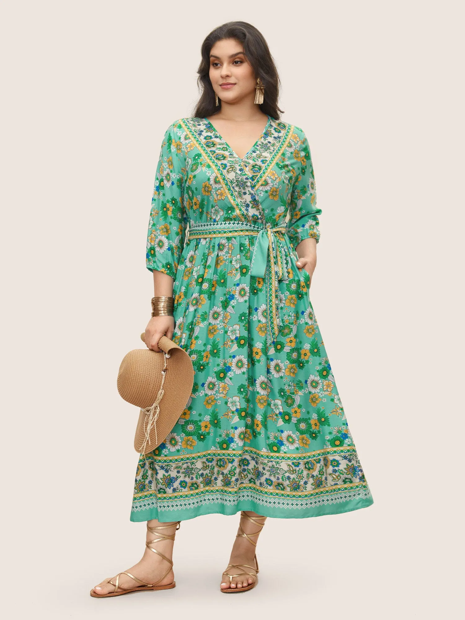 Bandana Print Surplice Neck Lantern Sleeve Dress sold by Bloomchic