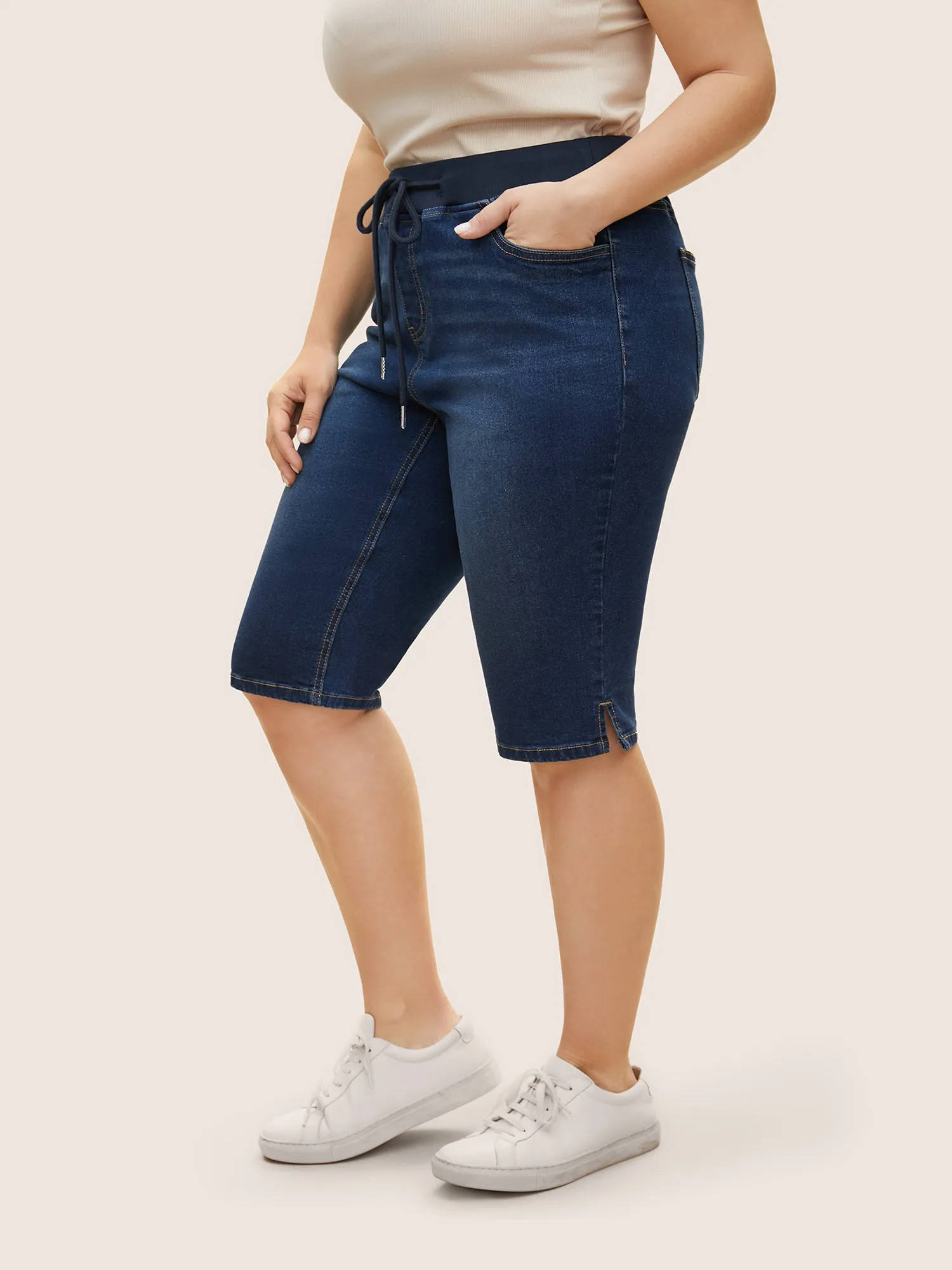 Dark Wash Slit Hem Drawstring Cropped Jeans sold by Bloomchic product image thumbnail 3