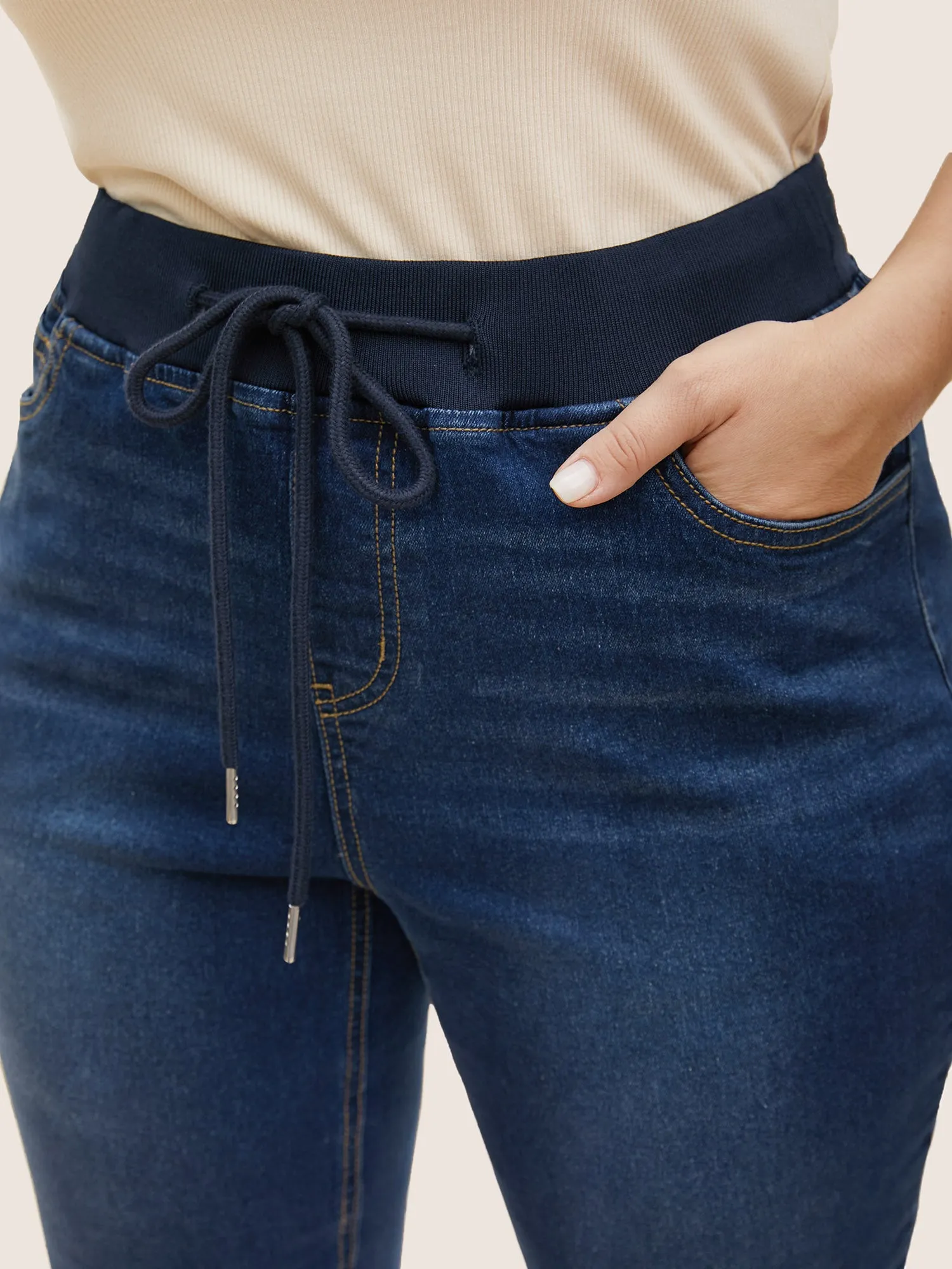 Dark Wash Slit Hem Drawstring Cropped Jeans sold by Bloomchic product image thumbnail 4