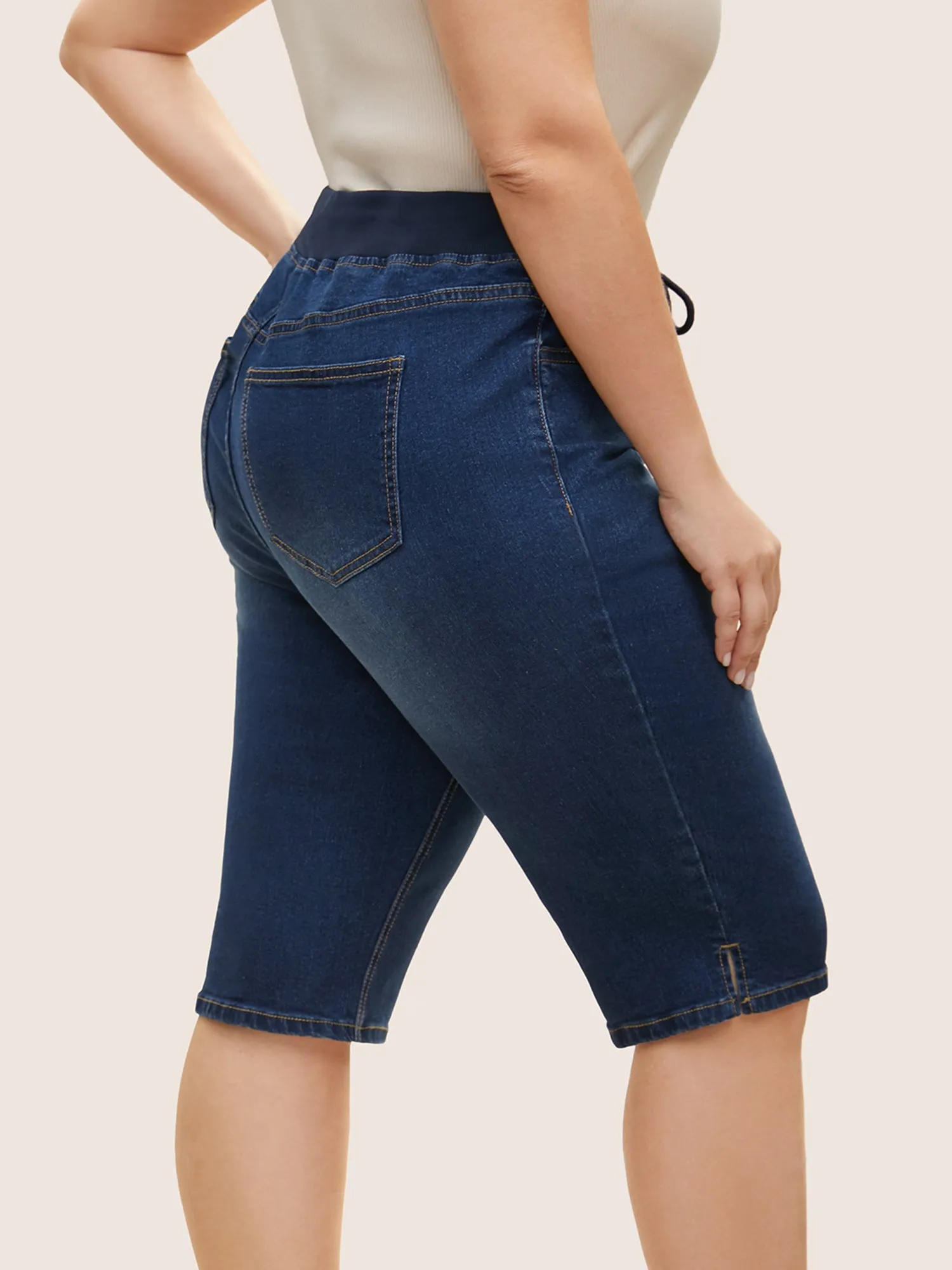 Dark Wash Slit Hem Drawstring Cropped Jeans sold by Bloomchic product image thumbnail 2