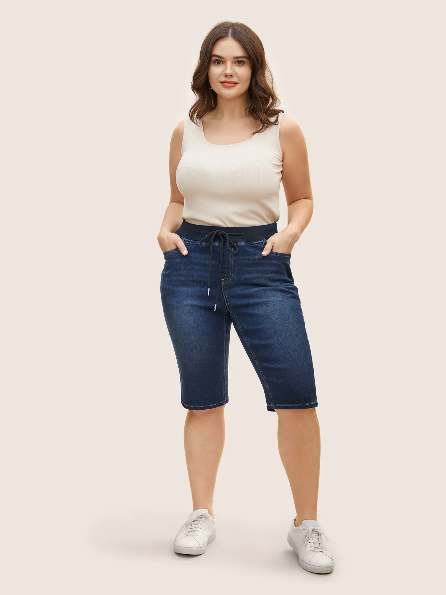 Dark Wash Slit Hem Drawstring Cropped Jeans sold by Bloomchic