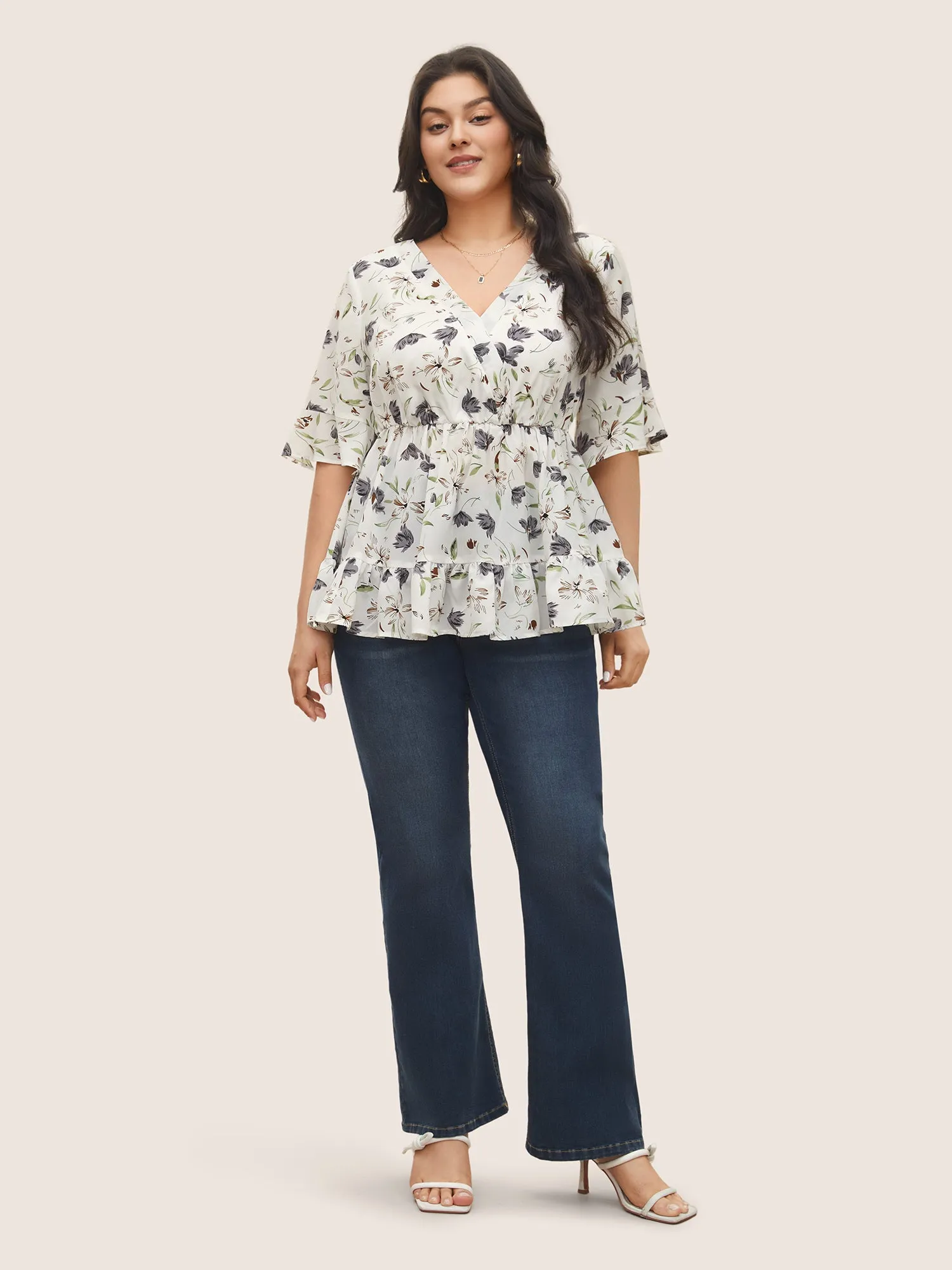 Floral Surplice Neck Ruffles Gathered Blouse sold by Bloomchic product image thumbnail 2