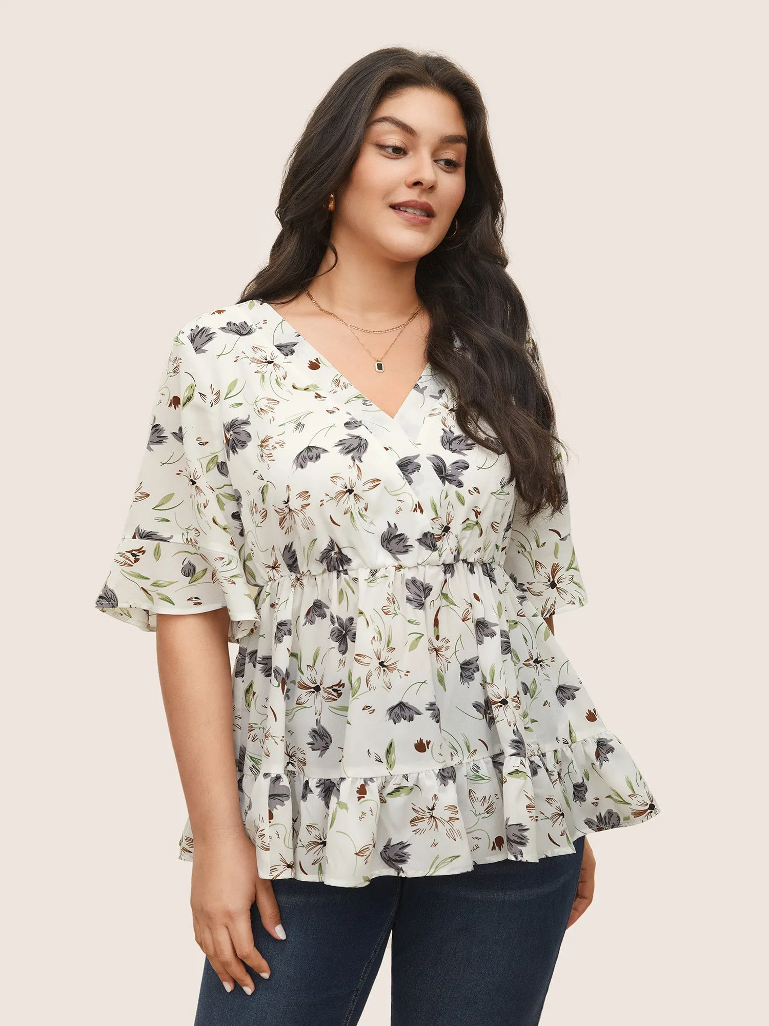 Floral Surplice Neck Ruffles Gathered Blouse sold by Bloomchic