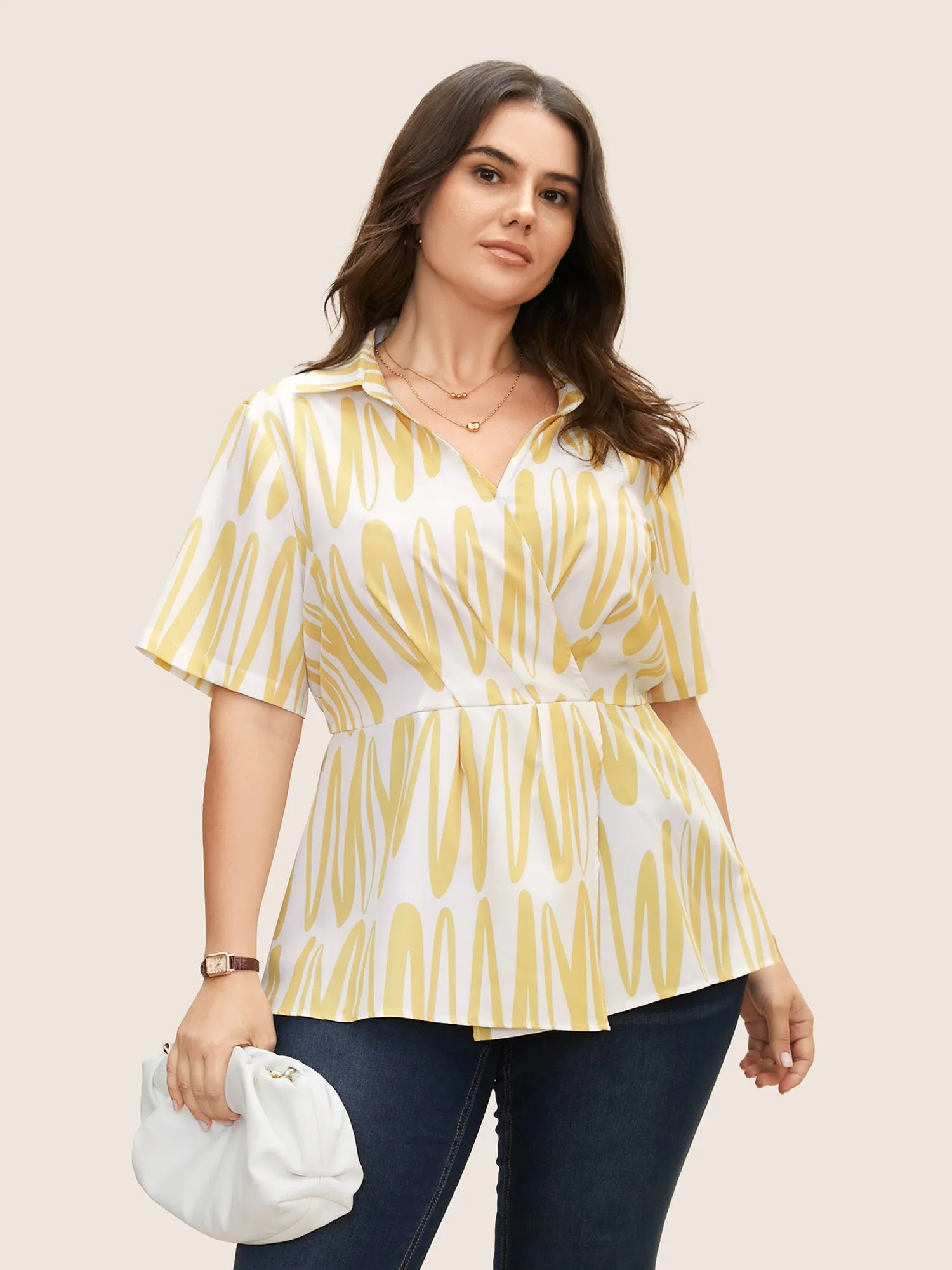 Shirt Collar Striped Wrap Pleated Blouse sold by Bloomchic