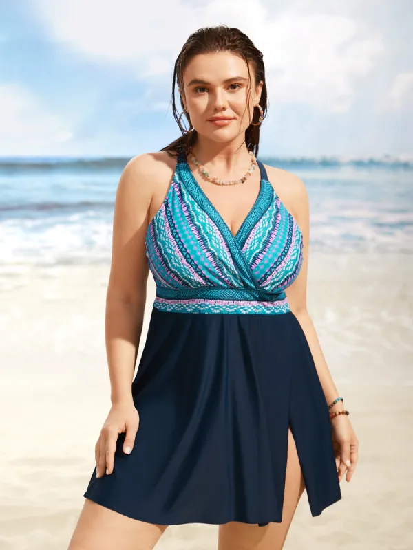 Overlap Collar Bandana Patchwork Split Hem Swim Dress sold by Bloomchic