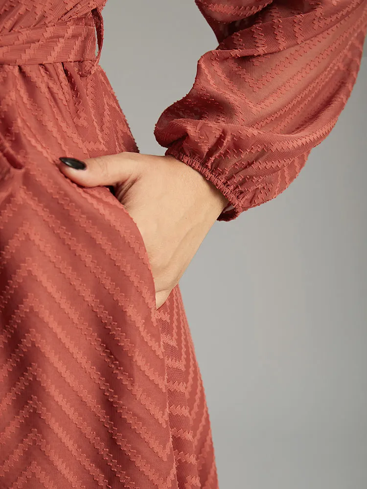 Plain Mesh Texture Keyhole Belted Lantern Sleeve Dress sold by Bloomchic product image thumbnail 5