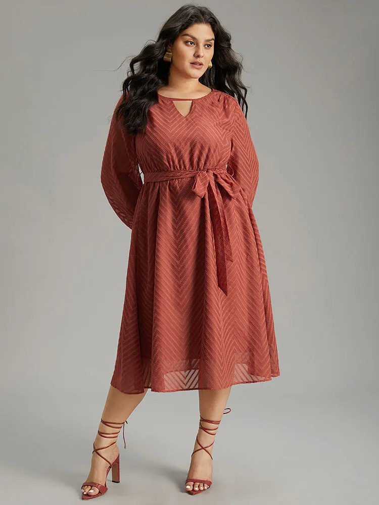 Plain Mesh Texture Keyhole Belted Lantern Sleeve Dress sold by Bloomchic