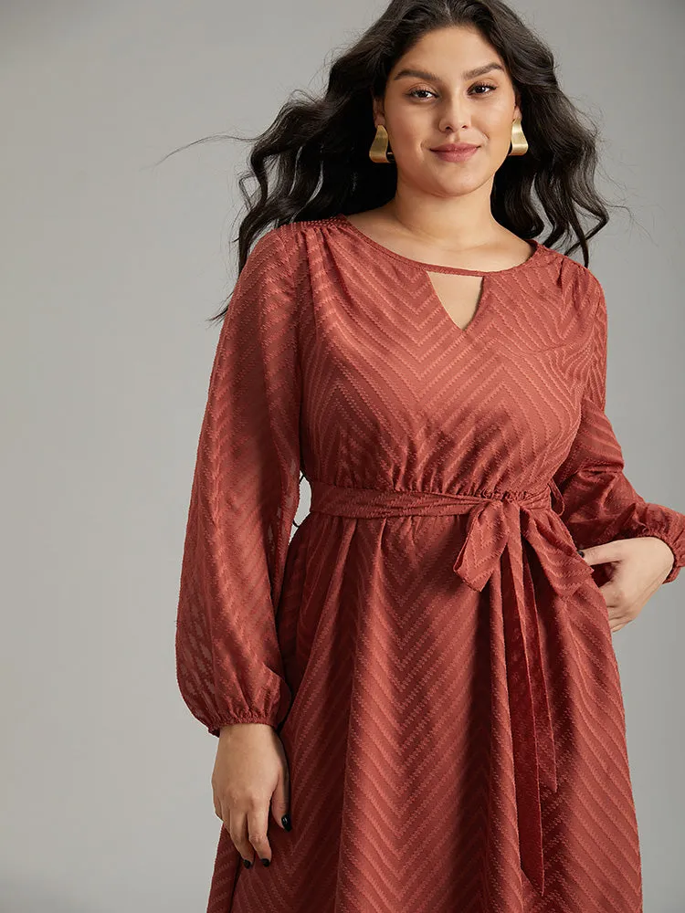 Plain Mesh Texture Keyhole Belted Lantern Sleeve Dress sold by Bloomchic product image thumbnail 4