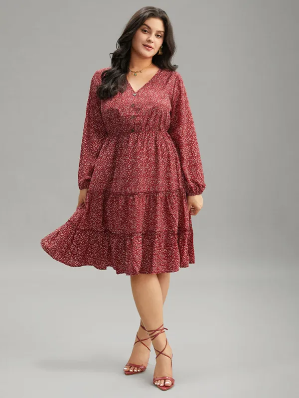 Ditsy Floral V Neck Lantern Sleeve Ruffle Layered Hem Dress sold by Bloomchic