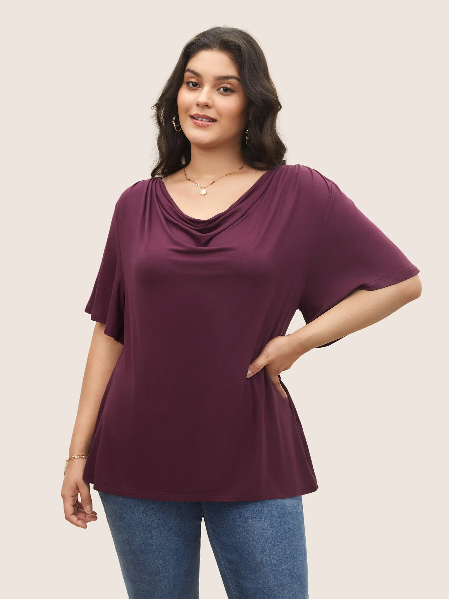 Supersoft Essentials Cowl Neck Ruffle Sleeve T-shirt sold by Bloomchic