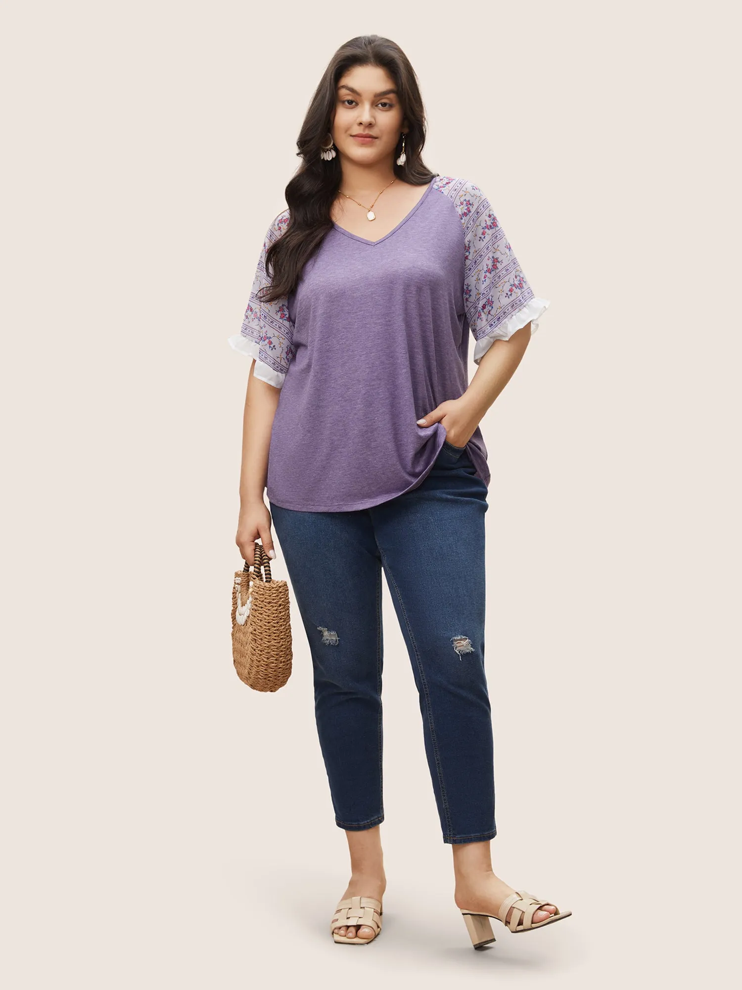 Ditsy Floral Patchwork Frill Trim Raglan Sleeve T-shirt sold by Bloomchic product image thumbnail 3