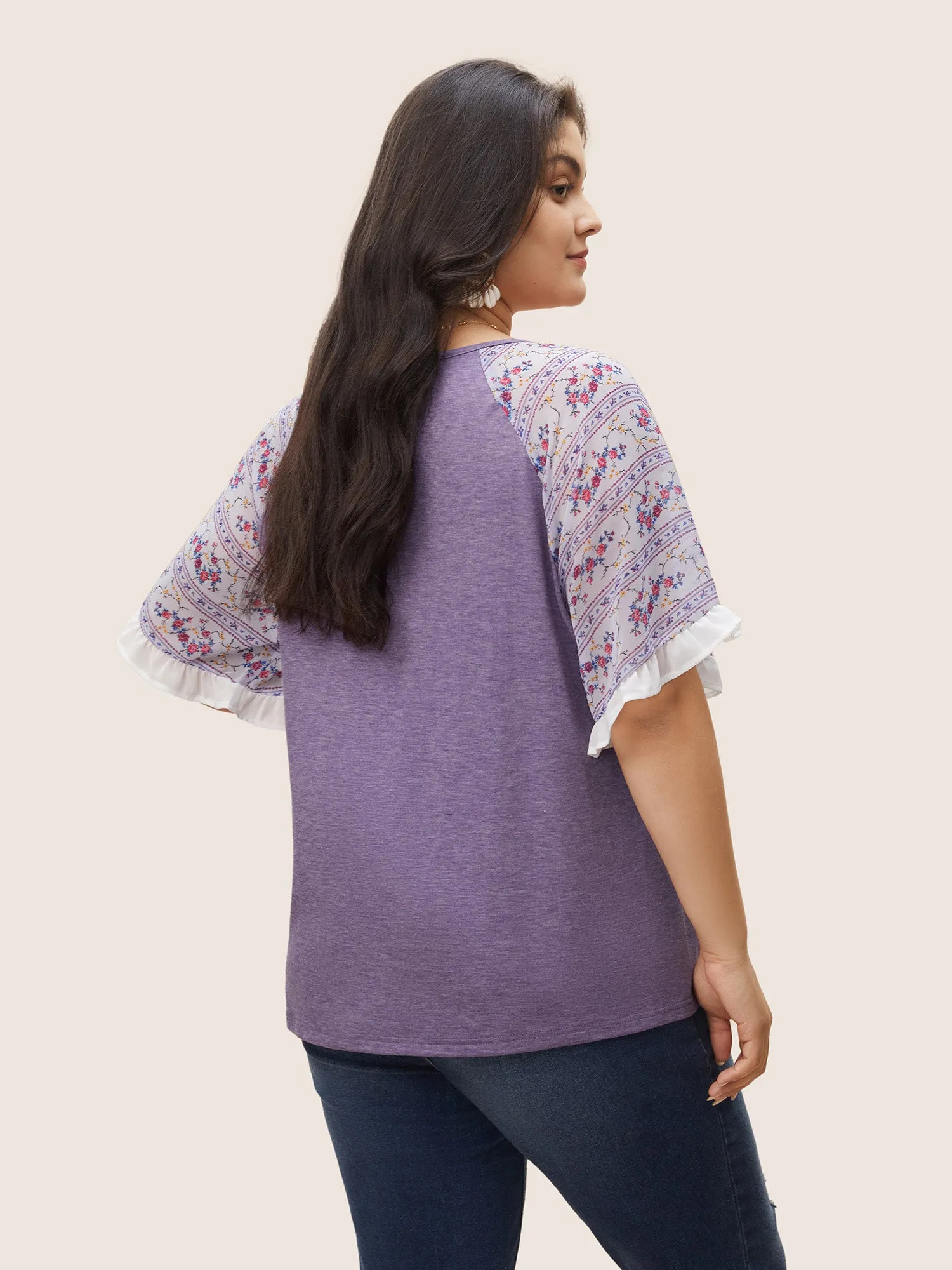 Ditsy Floral Patchwork Frill Trim Raglan Sleeve T-shirt sold by Bloomchic product image thumbnail 2