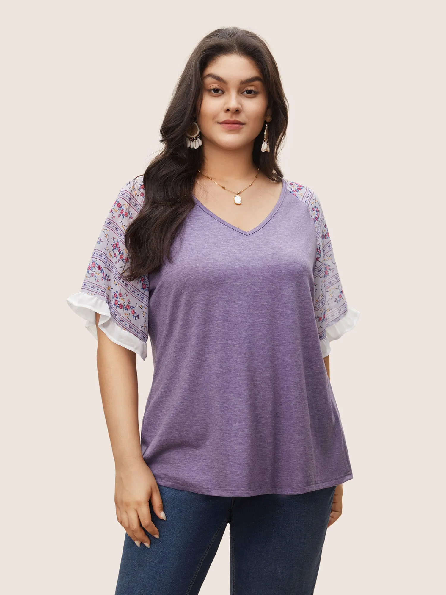 Ditsy Floral Patchwork Frill Trim Raglan Sleeve T-shirt sold by Bloomchic