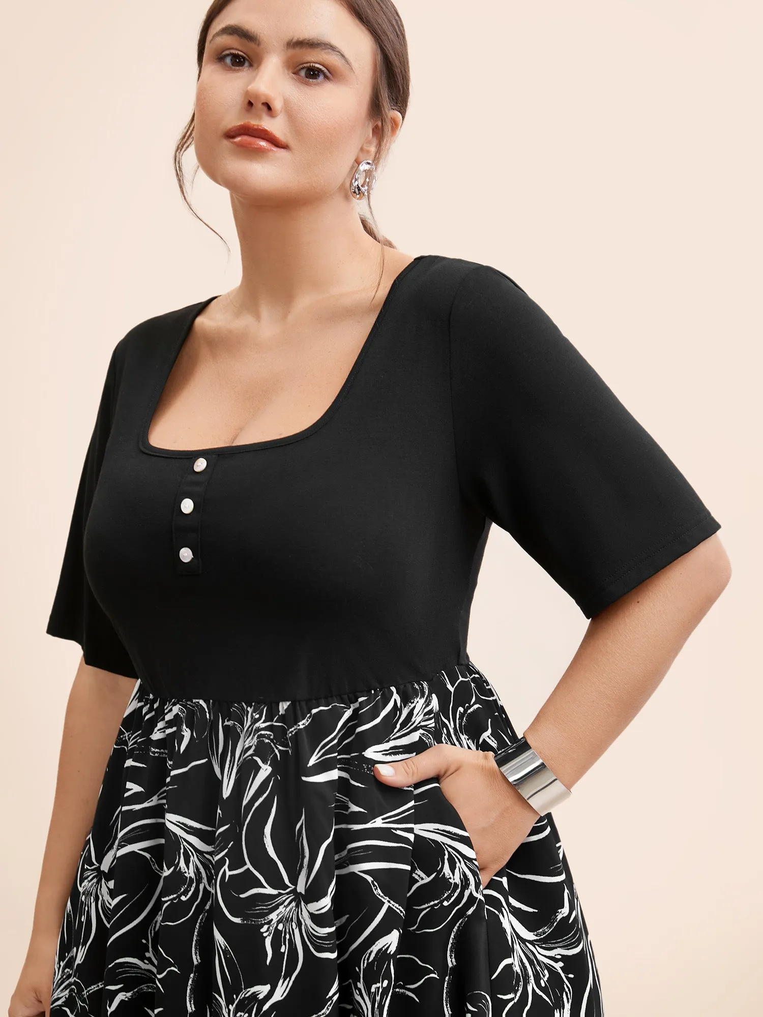 Floral Square Neck Patchwork Button Detail Dress sold by Bloomchic product image thumbnail 4