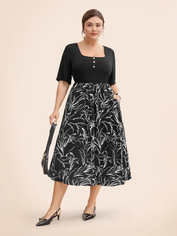 Floral Square Neck Patchwork Button Detail Dress sold by Bloomchic