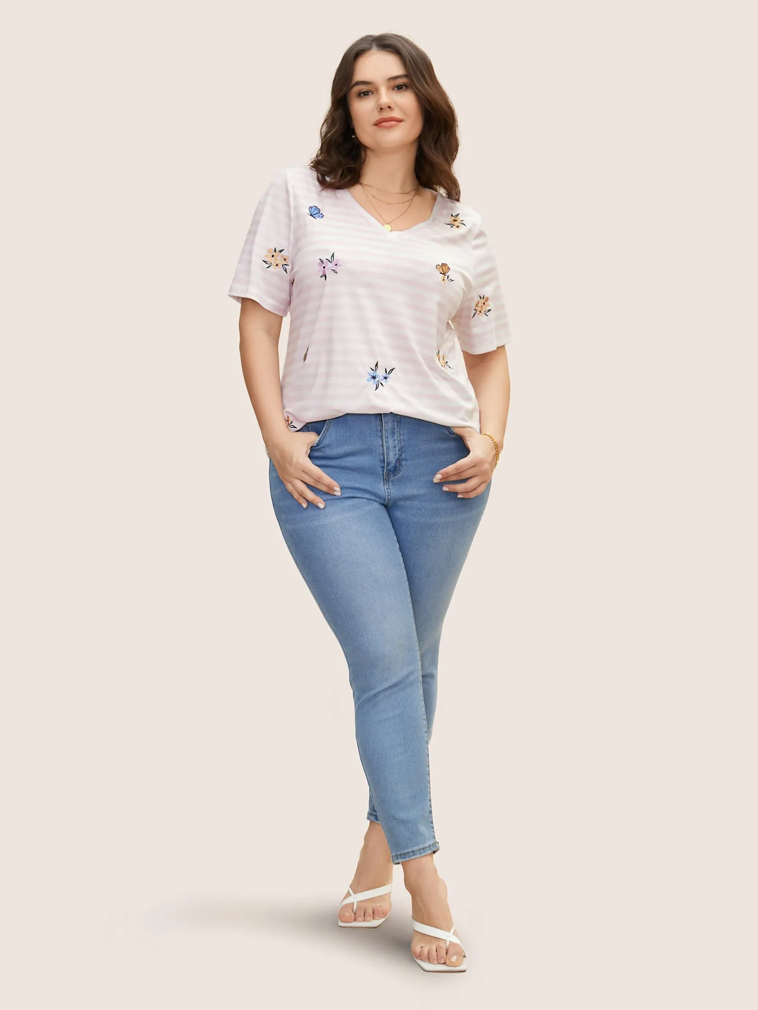 Floral & Butterfly Embroidered Striped Crew Neck T-shirt sold by Bloomchic product image thumbnail 4