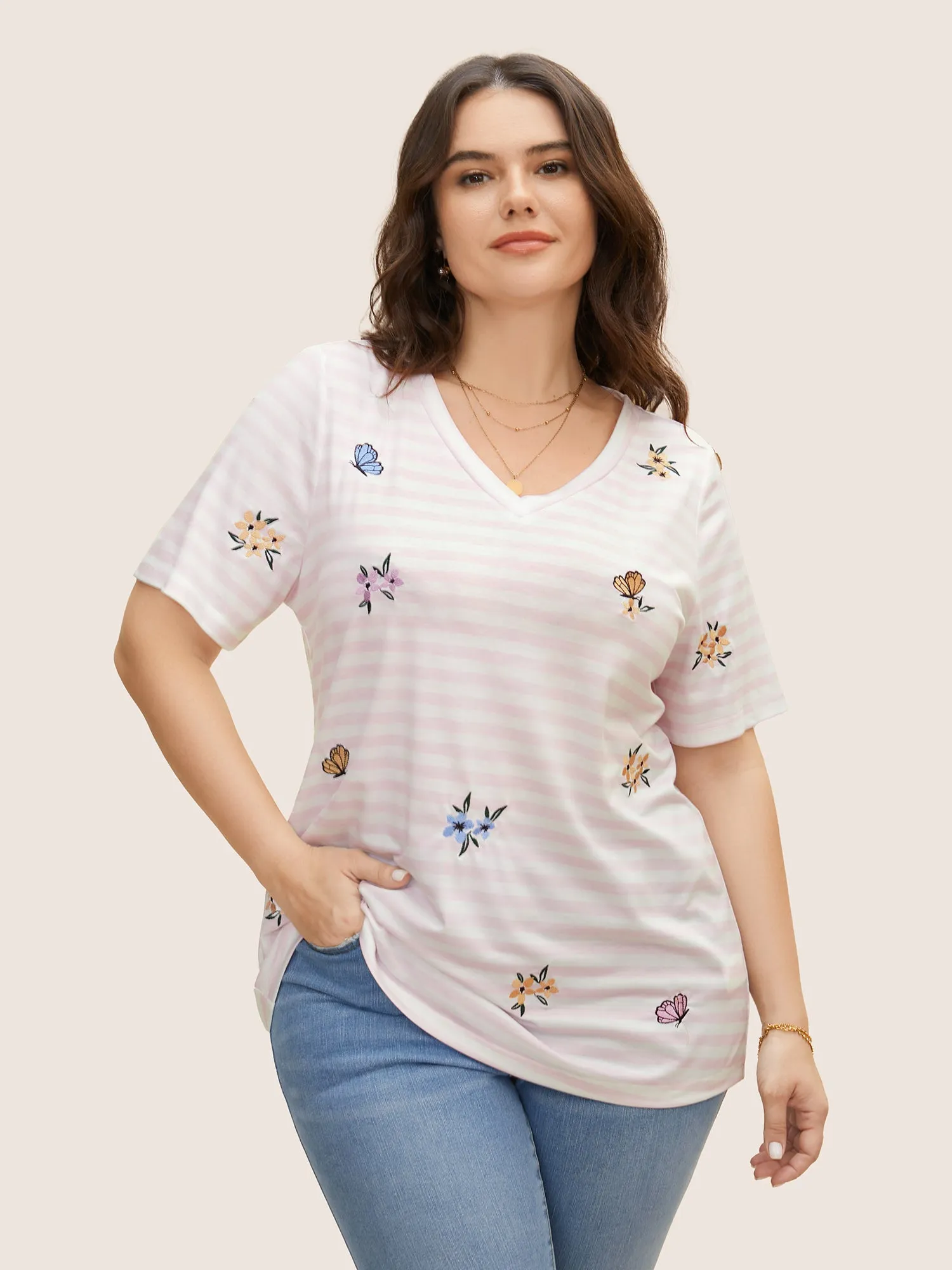 Floral & Butterfly Embroidered Striped Crew Neck T-shirt sold by Bloomchic