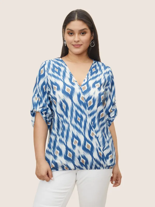 Geometric Surplice Neck Tab Sleeve Blouse sold by Bloomchic