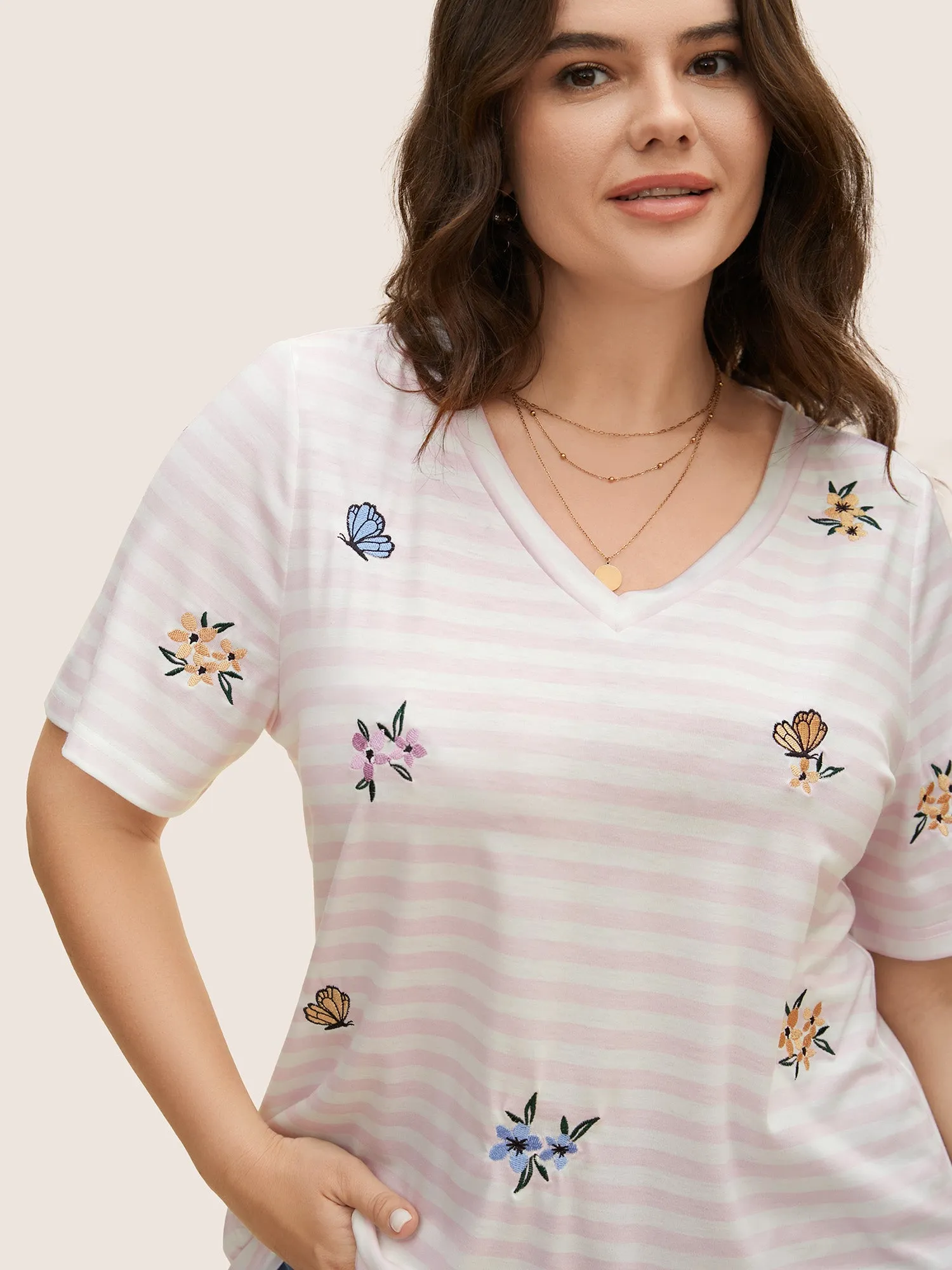 Floral & Butterfly Embroidered Striped Crew Neck T-shirt sold by Bloomchic product image thumbnail 3