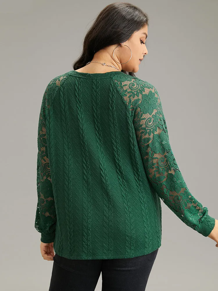 Guipure Lace Cable Knit Raglan Sleeve Sweatshirt sold by Bloomchic product image thumbnail 2