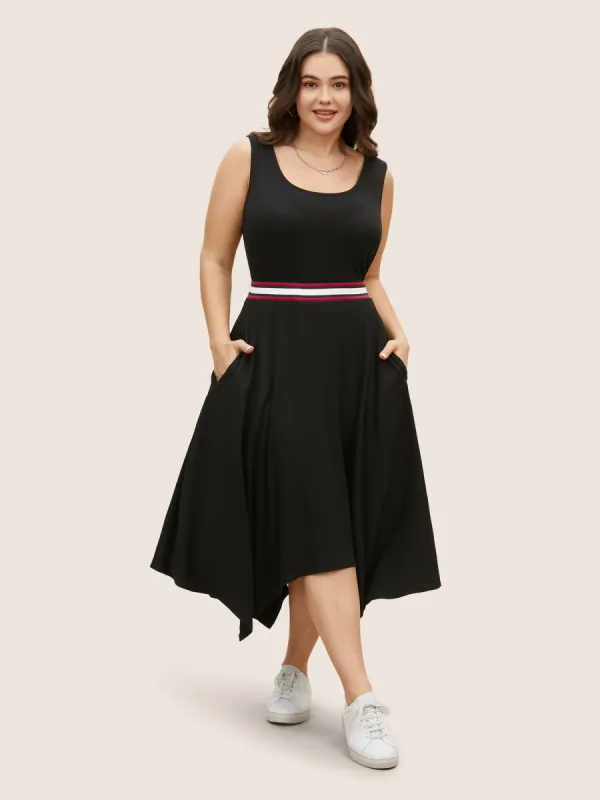 U Neck Waist Ribbon Embellished Hanky Hem Dress sold by Bloomchic