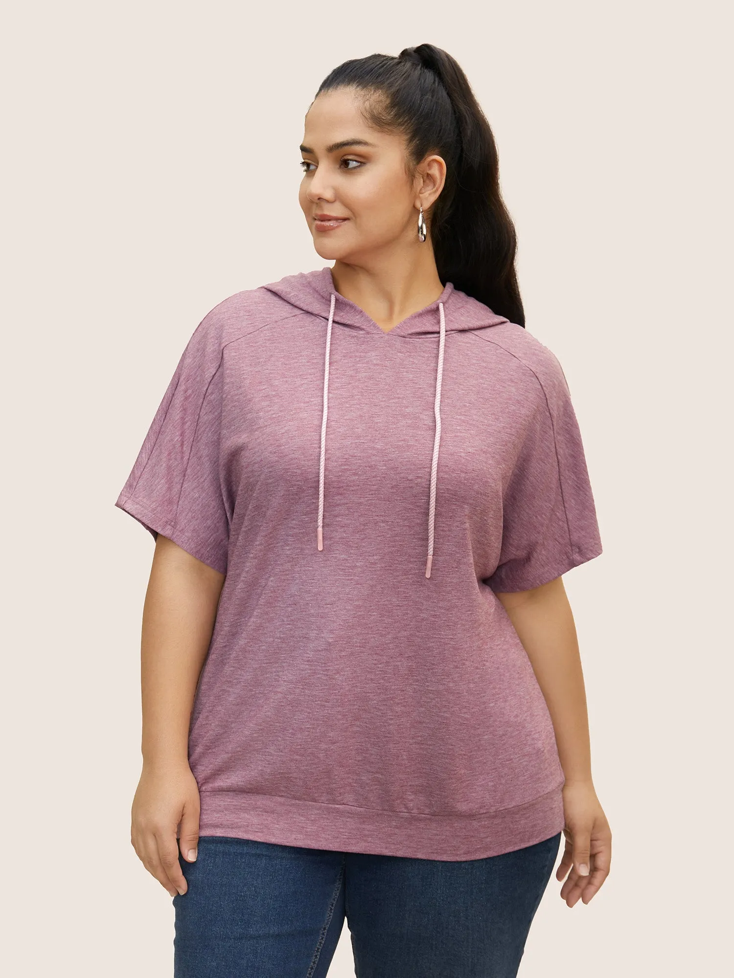 Plain Hooded Drawstring Raglan Sleeve T-shirt sold by Bloomchic